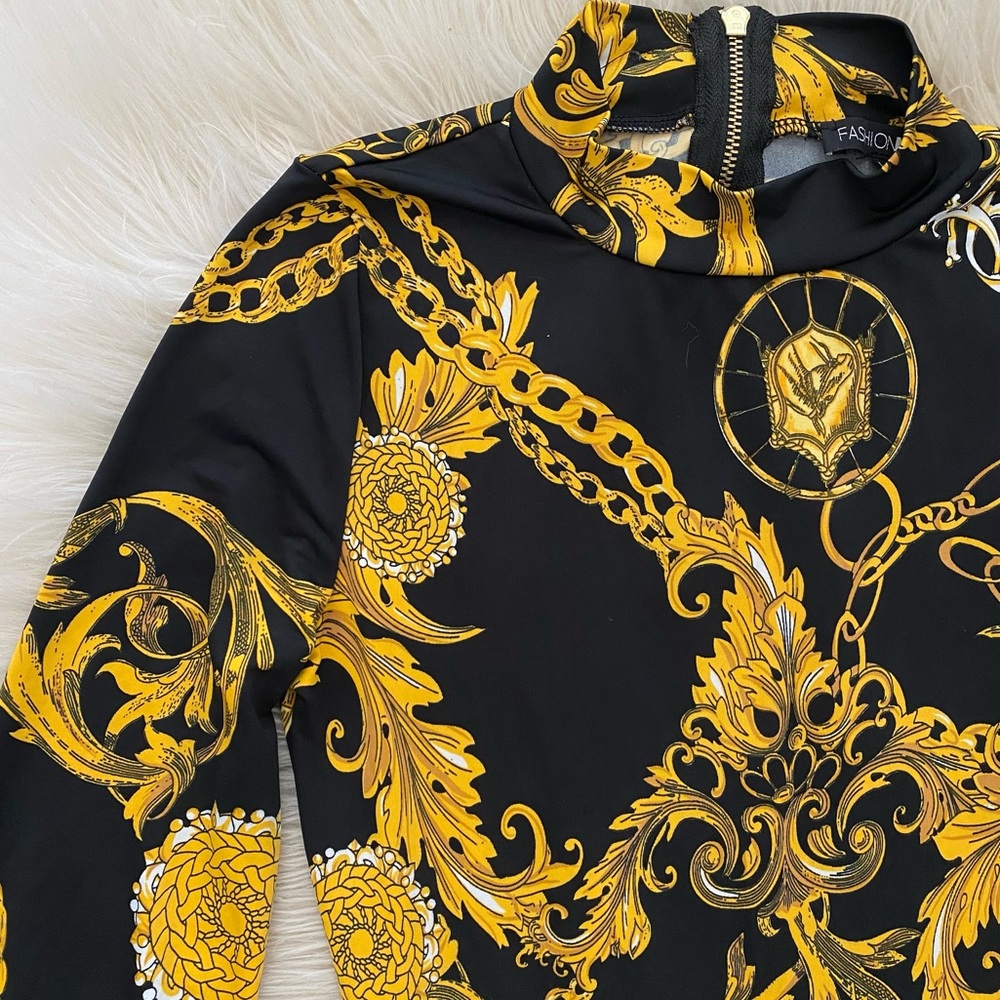 Fashion Nova Black Yellow Gold Chain Print Wide Leg High Status Jumpsuit Gaudy - Picture 5 of 14